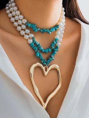 Anthropologie Gold Heart Pendant Layered Pearl and Turquoise Necklace